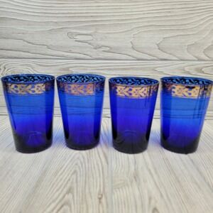 Set of 4 Cobalt Blue Mouthblown Glass Tumblers Gold Filigree Rim Moroccan 4.25in